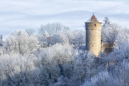 Turm Rothenburg o. d. T. - Bäume Stadtmauer Ausblick Frost Winter Wald; Bild: W. Pfitzinger Turm Rothenburg o. d. T. - Bäume Stadtmauer Ausblick Frost Winter Wald; Bild: W. Pfitzinger